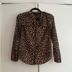 Ann Taylor Petite Size 2 Leopard Print Sheer Button Front Collared Blouse Top